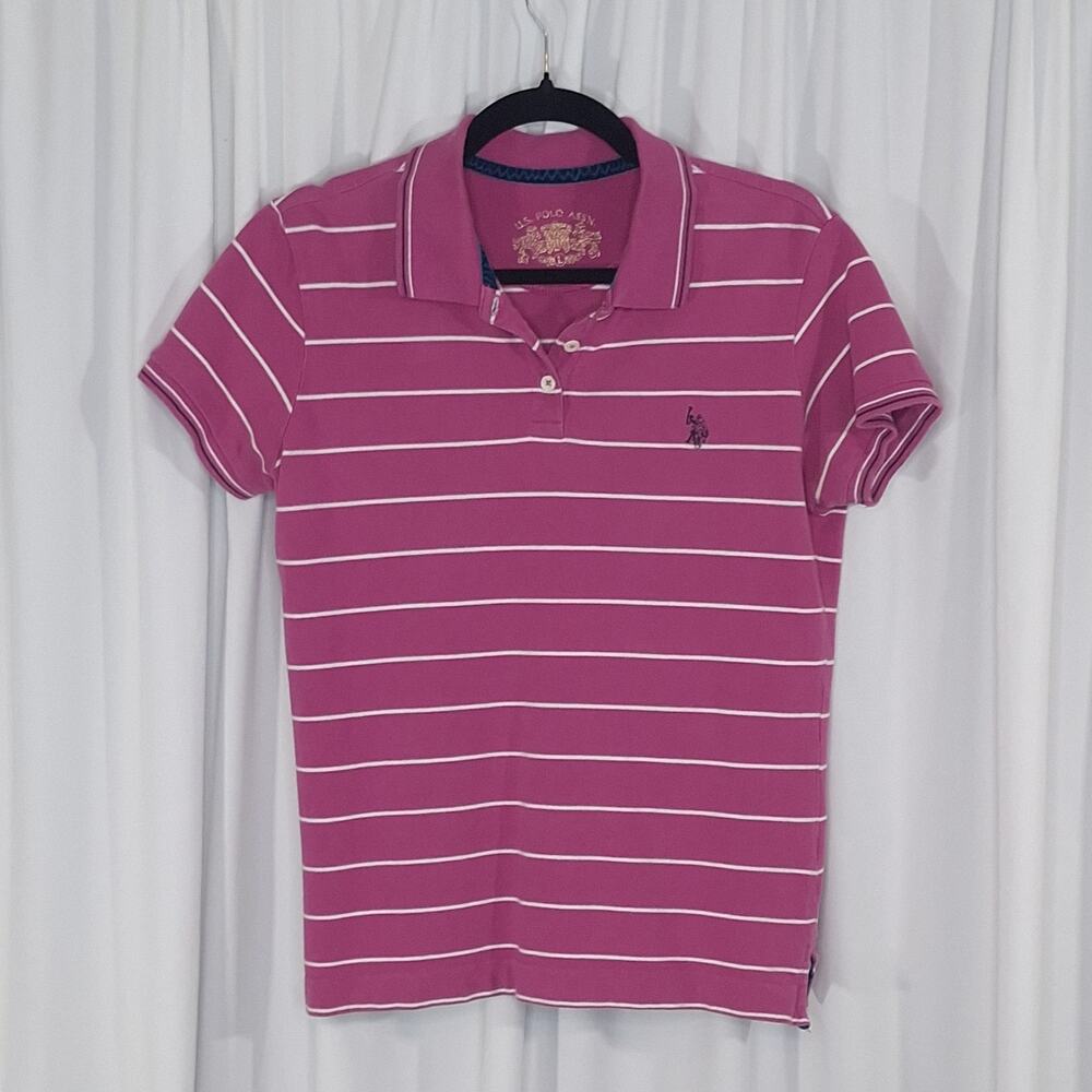 U.S. Polo Assn Pink White Stripe Polo Shirt Juniors Large Cotton Preppy Y2K Golf